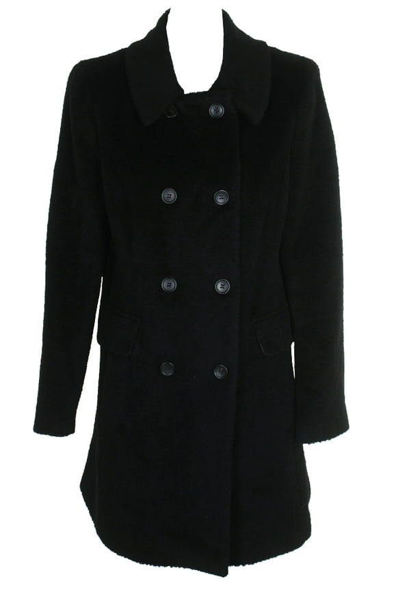 Womens Black Wool Blend Double-Breasted Walker Coat 10