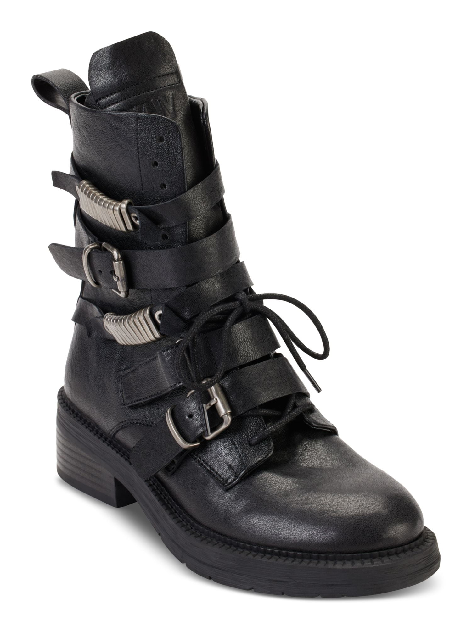 DKNY Womens Silver Buckle Accent Metallic Basia Round Toe Block Heel Zip Up Leather Combat Boots 9.5 M Walmart