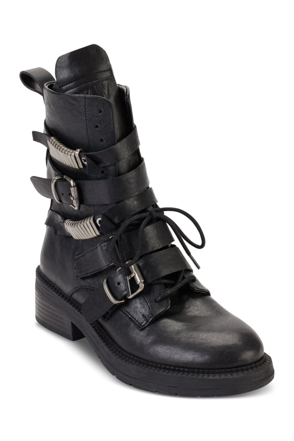Womens Black Zipper Accent Ita Round Toe Block Heel Buckle Leather Boots Shoes 6 M