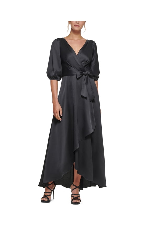 Womens Black Zippered Gathered Tulip Hem Tie Waist Balloon Sleeve Surplice Neckline Tea-Length Evening Faux Wrap Dress 10