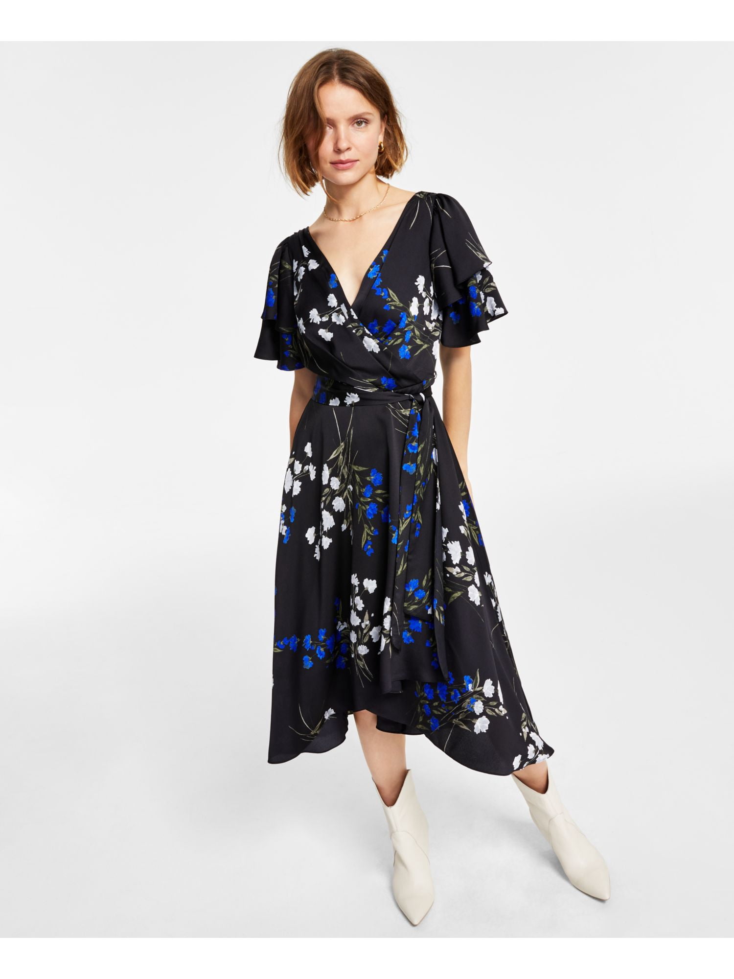 RACHEL RACHEL ROY Womens Pink Tie Lined Printed Short Sleeve Surplice Neckline Midi Wear To Work Wrap Dress