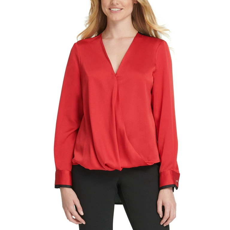 DKNY Womens Blouse Large Colorblock Back High Low V Neck Red L