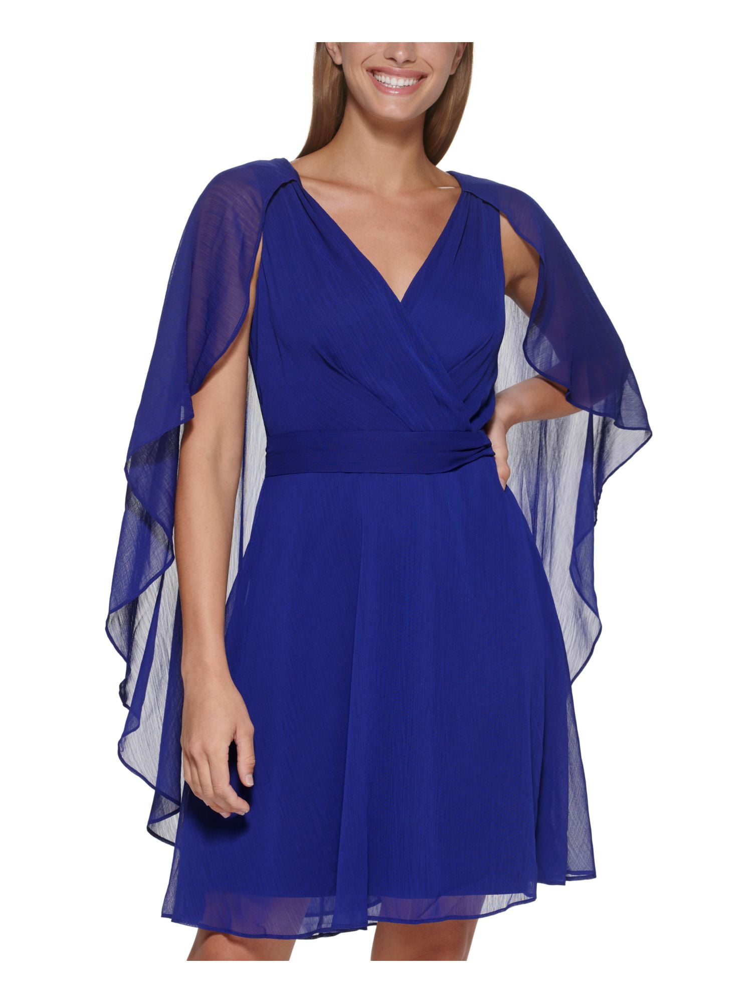 DKNY Womens Blue Belted Flutter Sleeve Surplice Neckline Above The Knee  Evening Fit + Flare Dress 14