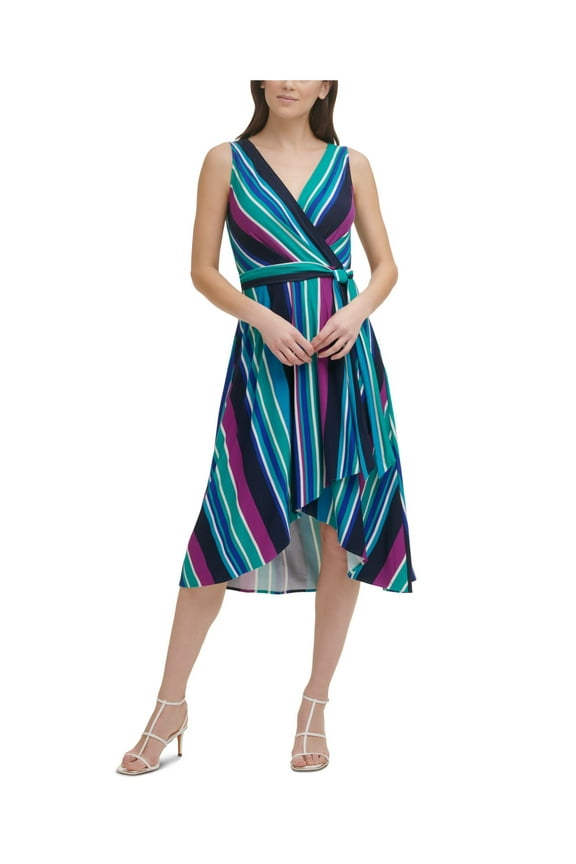 Womens Blue Belted Pullover Styling Unlined Striped Sleeveless Surplice Neckline Midi Wear To Work Wrap Dress L