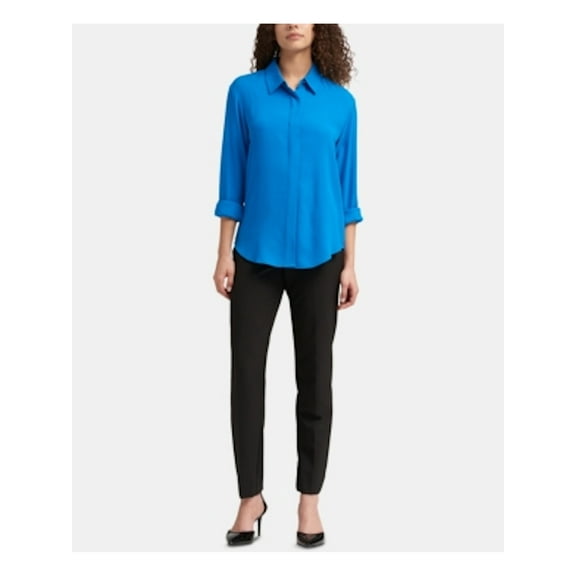 DKNY Womens Blue Cuffed Collared Button Up Top Size: XS
