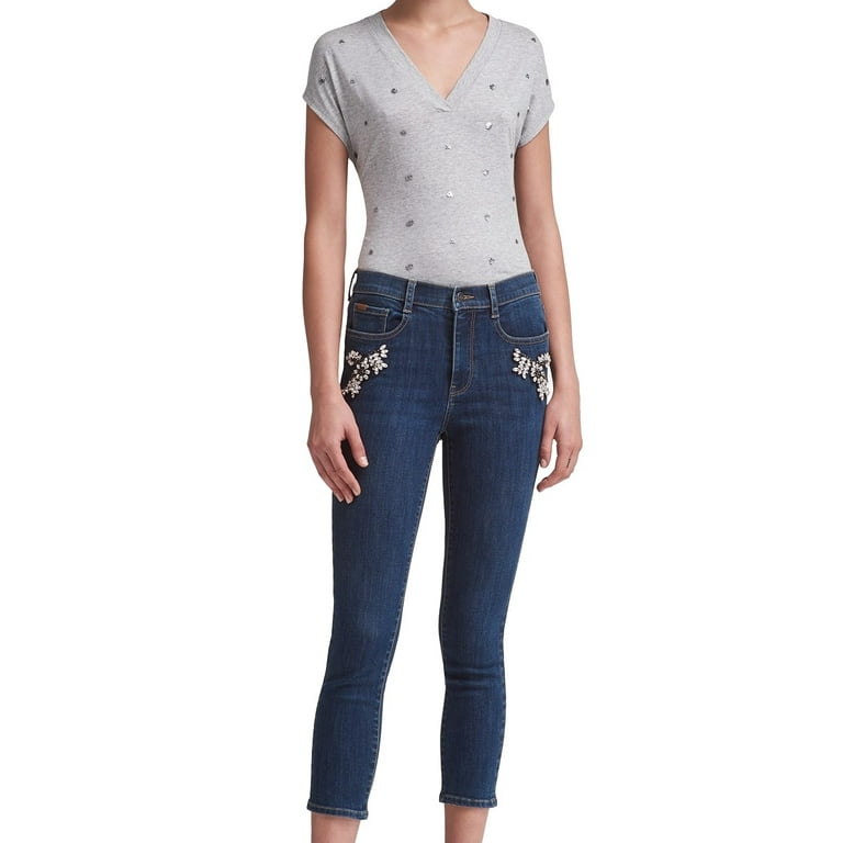 DKNY Womens Blue Embellished Skinny Jeans Size: 25 Waist