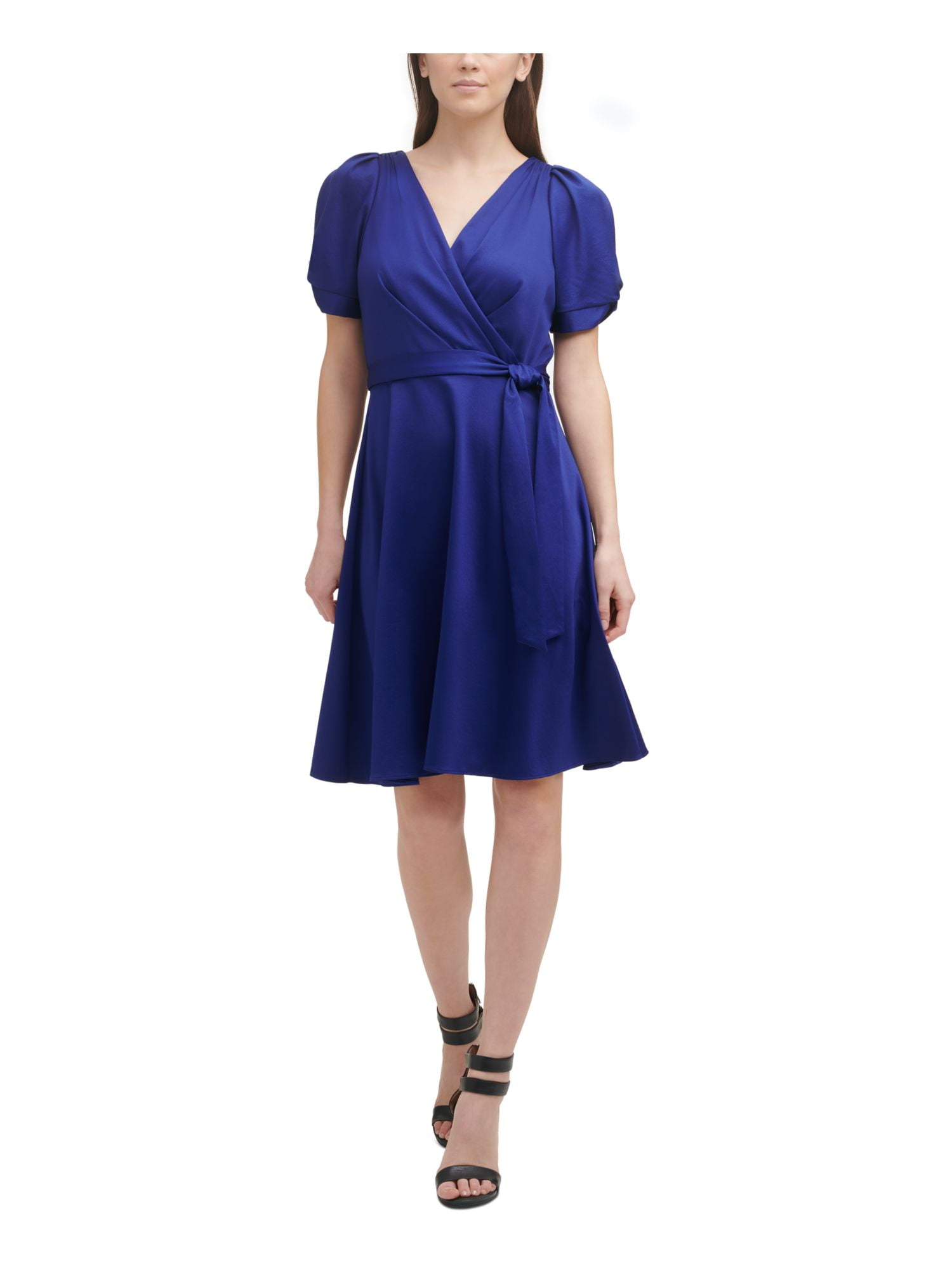 DKNY Womens Blue Pleated Zippered Belted Unlined Short Pouf Knot-s Surplice  Neckline Above The Knee Evening Fit + Flare Dress 16 - Walmart.com