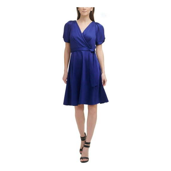DKNY Womens Blue Pleated Zippered Belted Unlined Short Pouf Knot-s Surplice Neckline Above The Knee Evening Fit + Flare Dress 16