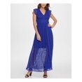 thumbnail image 1 of DKNY Womens Blue Sheer Patterned Cap Sleeve V Neck Full-Length Fit + Flare Dress 4, 1 of 2