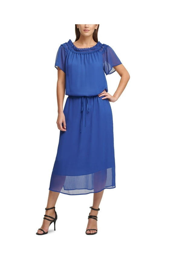 Womens Blue Sheer Short Sleeve Off Shoulder Maxi Wear To Work Blouson Dress XL