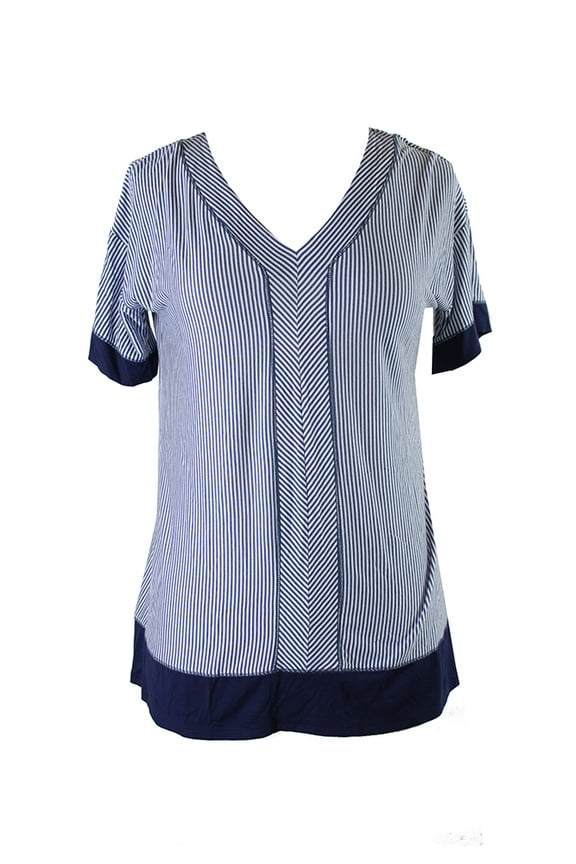 Womens Blue Short-Sleeve V-Neck Striped Pajama Top S