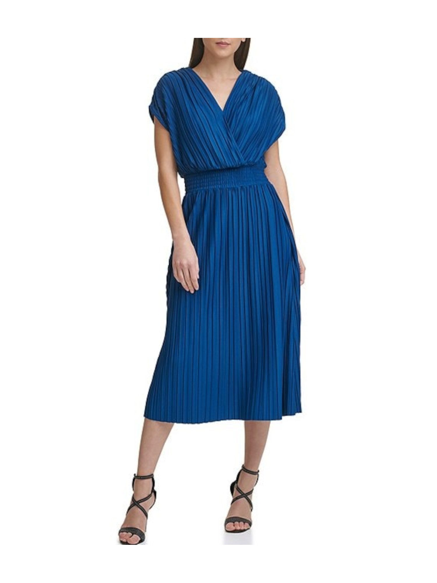 DKNY Womens Blue Stretch Smocked Pleated Jersey-knit Cap Sleeve Surplice  Neckline Midi Evening Empire Waist Dress 12 - Walmart.com