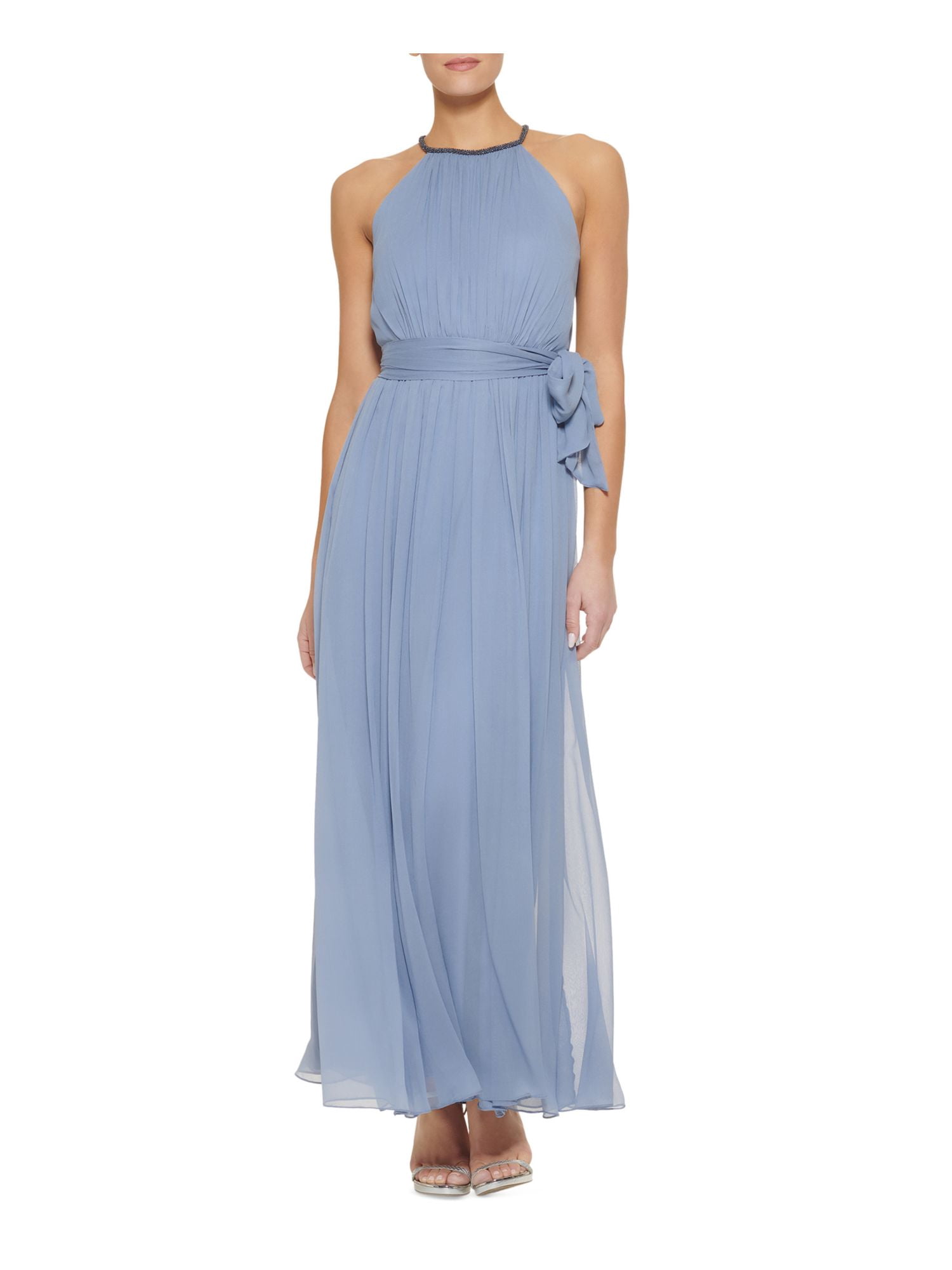 DKNY Womens Blue Zippered Beaded Tie Belt Sheer Pleated Sleeveless Halter  Full-Length Formal Gown Dress 16 - Walmart.com