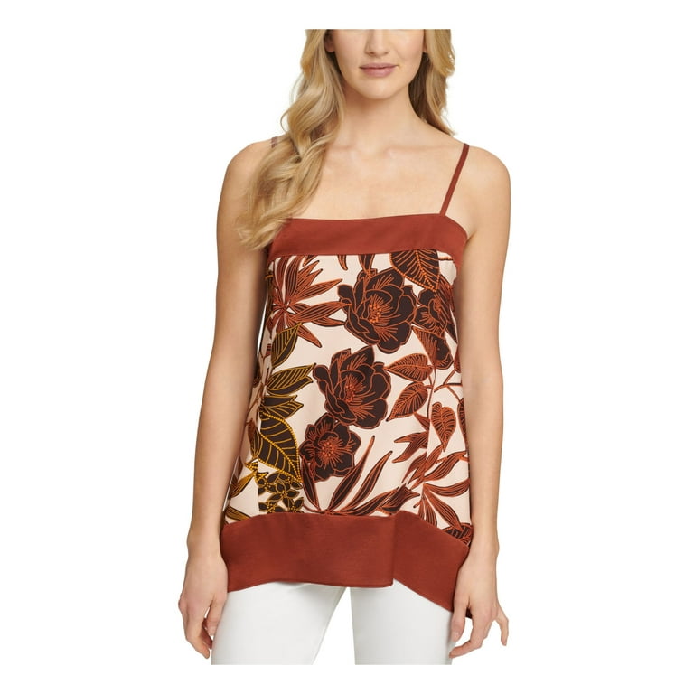 DKNY Womens Brown Floral Spaghetti Strap Square Neck Cami Top L