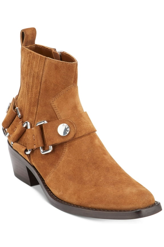 Womens Brown Harness Strap Geometric Hardware Stretch Gore Padded Mina Square Toe Block Heel Zip-Up Leather Booties 7.5 M