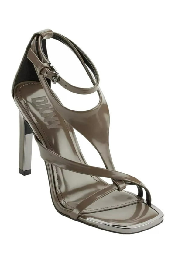 Womens Brown Strappy Metallic Accent T-Strap Ankle Strap Padded Audrey Square Toe Stiletto Buckle Dress Heeled Sandal 6