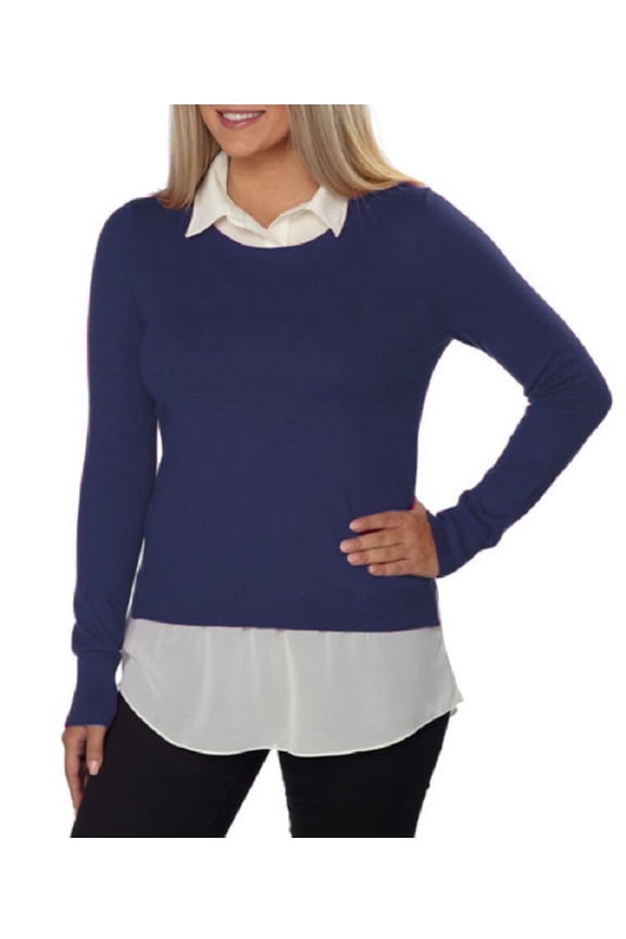 Womens Built-In-Layered-Look Pullover Collared Sweater (Prussian Blue, Medium)