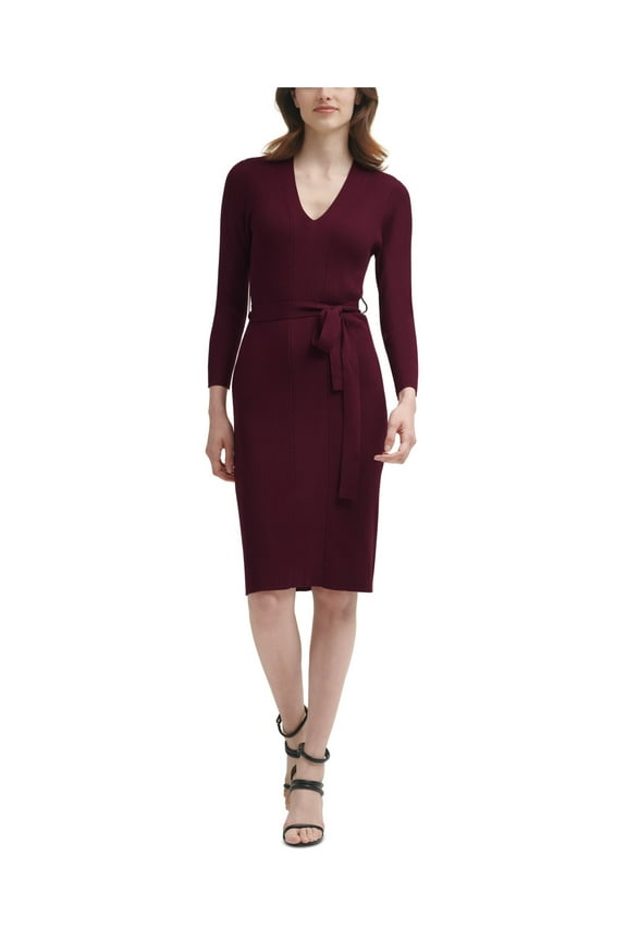 Womens Burgundy Knit Ribbed Fitted Self Tie Belt Pull Over Sweater Long Sleeve V Neck Knee Length Dress L