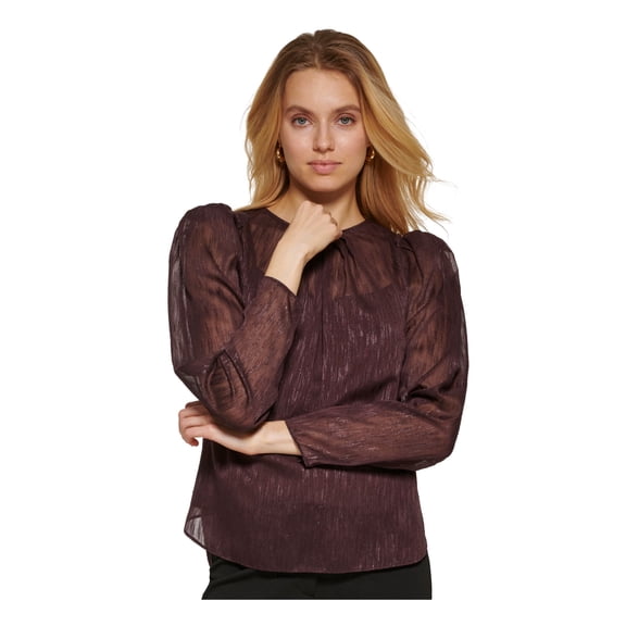 DKNY Womens Burgundy Metallic Sheer Textured Ruffled Lined Pouf Sleeve Crew Neck Party Blouse XS
