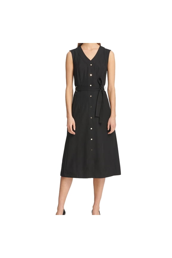 Womens Button Front Shirt Dress, Black, X-Small