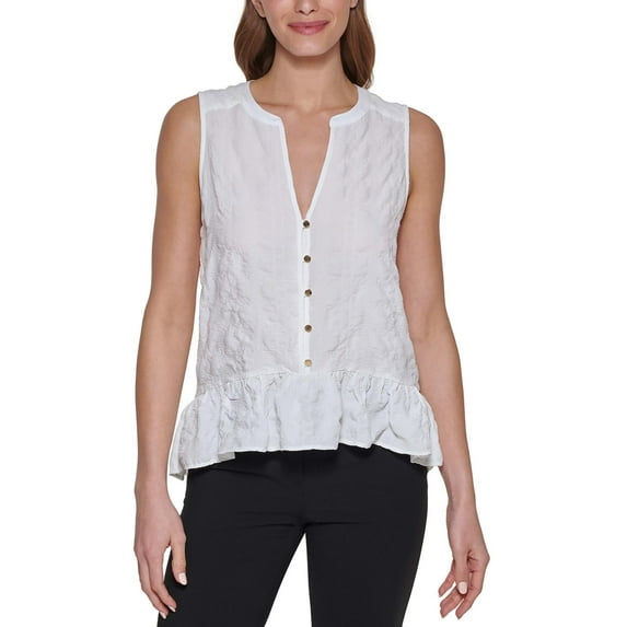 DKNY Womens Button Front Sleeveless Peplum Top