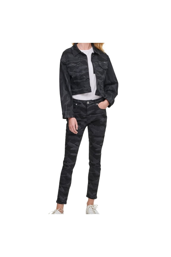 Womens Camo Jean Jacket, Black, Juniors, Medium
