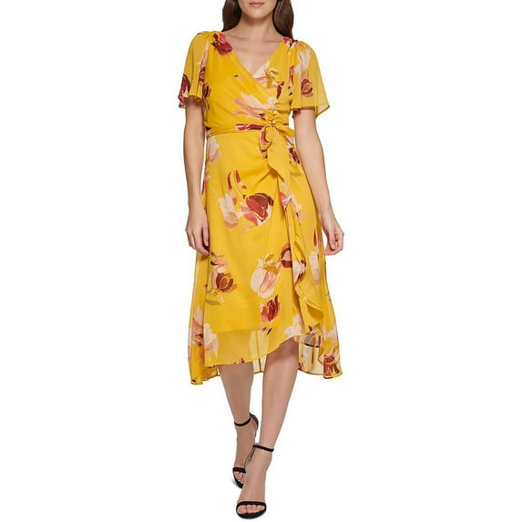 DKNY Womens Chiffon Floral Fit & Flare Dress