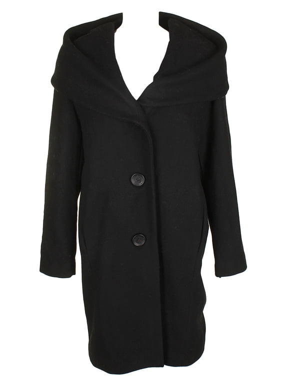 Womens Classic Black Shawl-Collar Full Button Walker Coat S