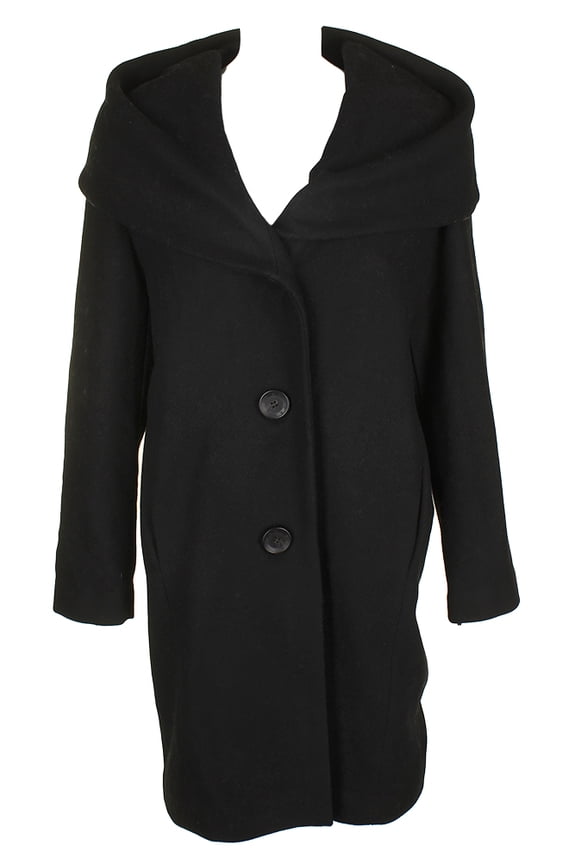 Womens Classic Black Shawl-Collar Full Button Walker Coat S