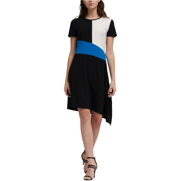 DKNY Womens Colorblock Asymmetrical Dress, Black, Small