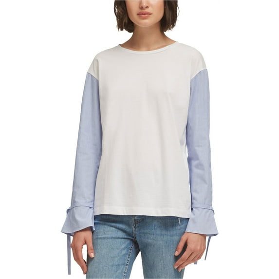DKNY Womens Colorblocked Basic T-Shirt, White, X-Small