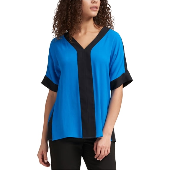 DKNY Womens Colorblocked Pullover Blouse, Blue, Small
