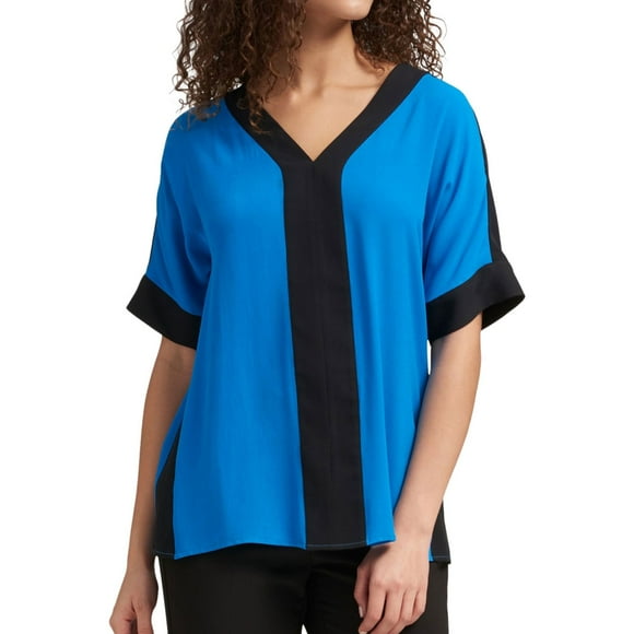 DKNY Womens Colorblocked Pullover Blouse, Blue, X-Small