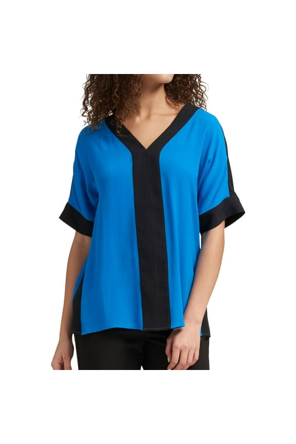 Womens Colorblocked Pullover Blouse, Blue, X-Small