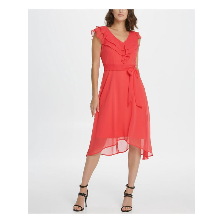 Long Sleeve Belted Fit-and-Flare Coat Dress in Coral