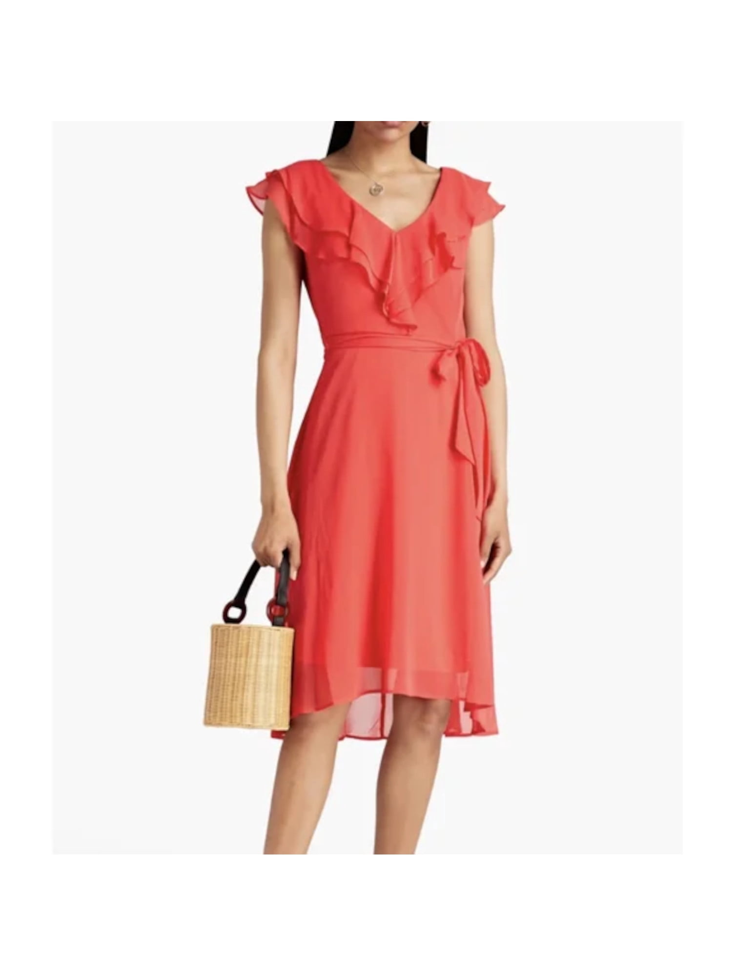 MICHAEL MICHAEL KORS Womens Coral Eyelet Zippered Lined Ruffled Sleeveless Round Neck Mini Fit + Flare Dress main image 1