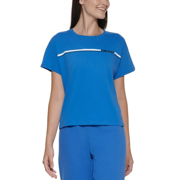 DKNY Womens Cotton Logo-Stripe Cropped T-Shirt,Azul,X-Small