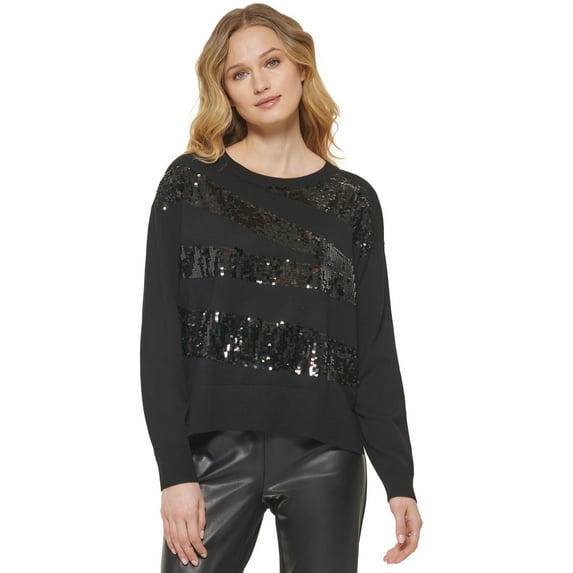 DKNY Womens Crew Neck Sequin Embellished Zigzag Sweater Blackblack S