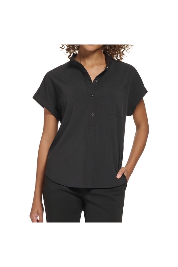 Womens Cuffed Sleeve Stand Collar Button Down Blouse, Black, Petite, P/PS