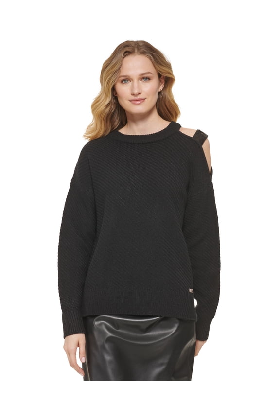 Womens Cut Out Shoulder Sequined Strap Ribbed Sweater Black XL