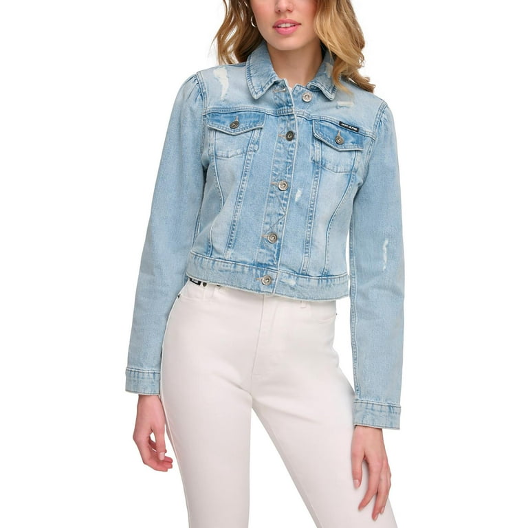 DKNY Womens Denim Distressed Denim Jacket