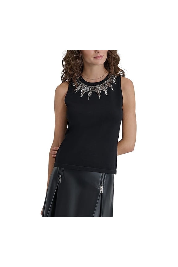 Womens Embellished-Neck Sleev Blacksilv XL
