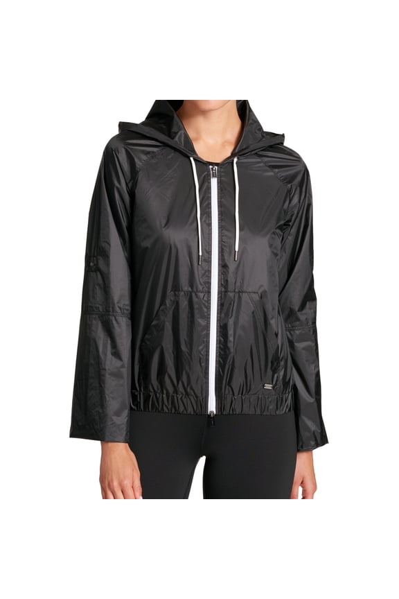 Womens Fabric Roll Cuff Windbreaker Jacket, Black, Medium