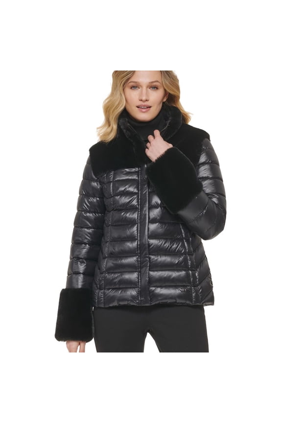 Womens Fall Weather Faux Fur Puffer Jacket, Black, Small