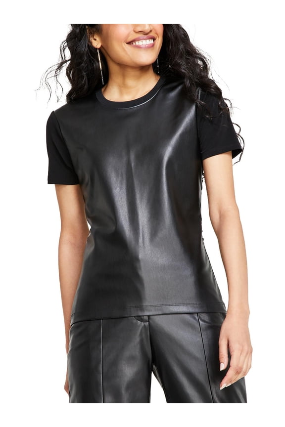 Womens Faux Leather Crewneck Pullover Top
