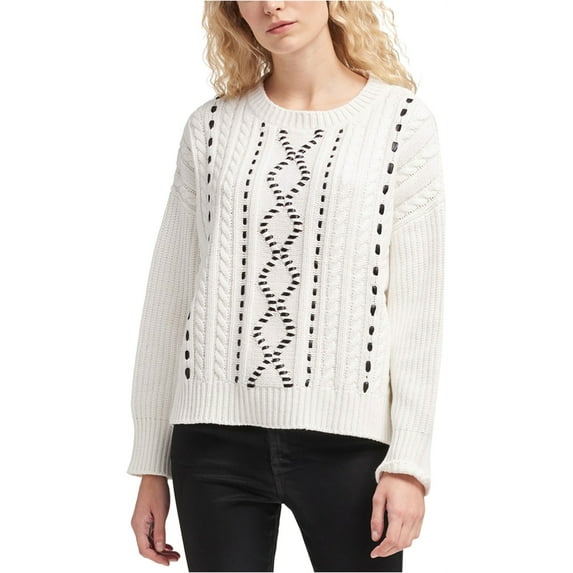DKNY Womens Faux Leather Detail Pullover Sweater, White, Medium