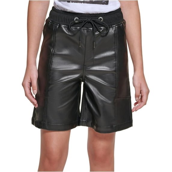 DKNY Womens Faux Leather Drawstring Casual Shorts