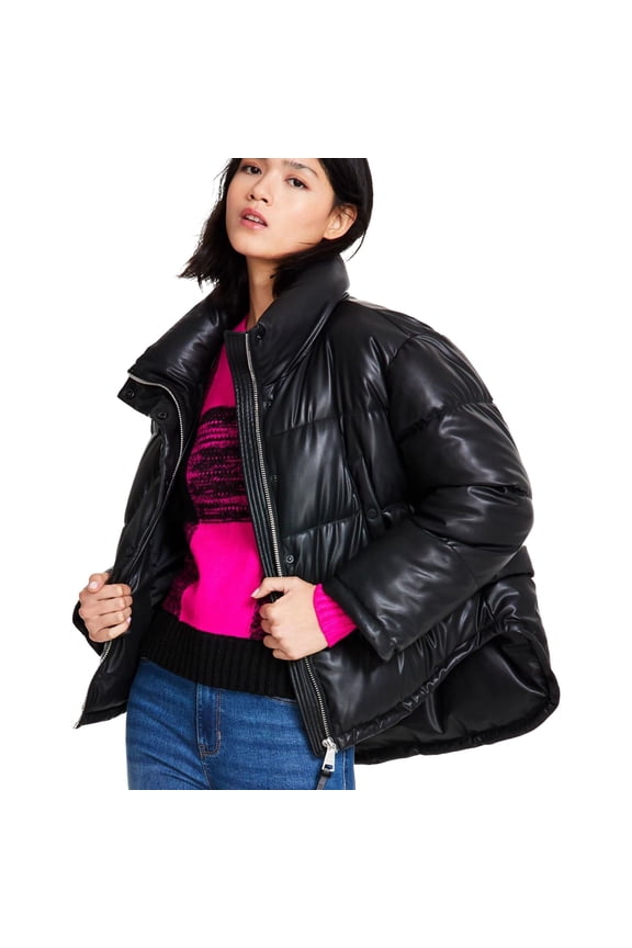 Womens Faux Leather High Low Hem Puffer Jacket, Black, Medium