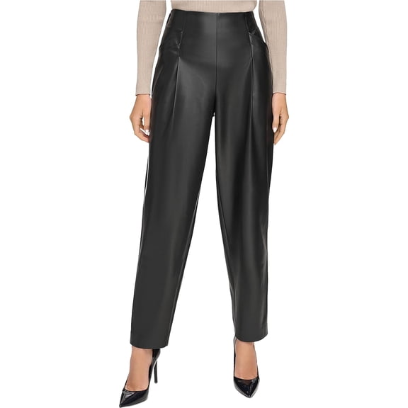 DKNY Womens Faux Leather Pull On High Rise Dress Pants, Black, Medium