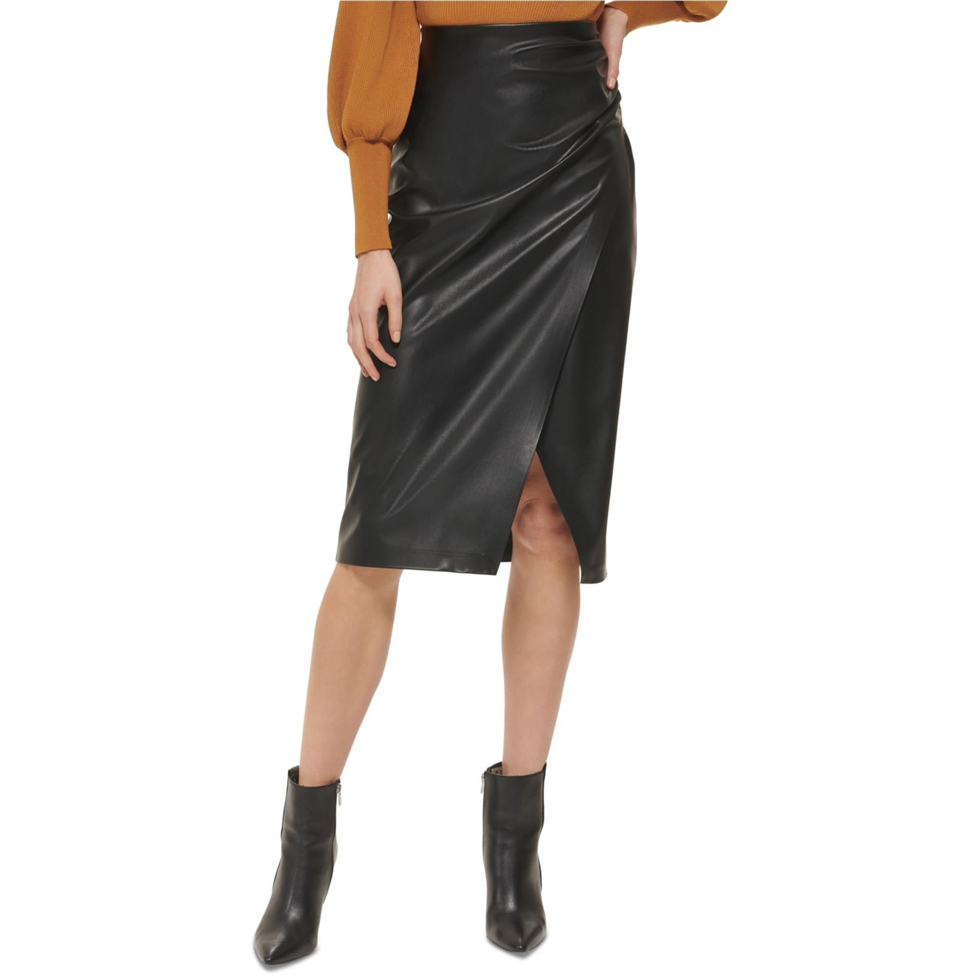 Womens Faux-Leather Ruched-Side Midi Skirt, Black, 0